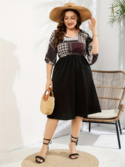 Colorblock Print Short Sleeve Round Neck Ruched Dress