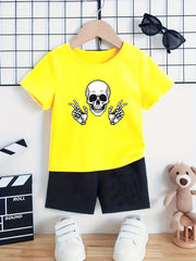 Boy's Happy Skull Print 2pcs Set: T-shirt & Shorts