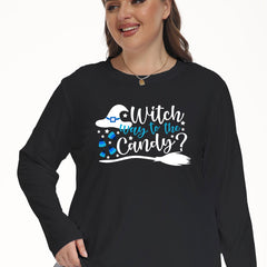 Halloween Lounge Top Women's Plus Witch Hat & Slogan Print Long Sleeve