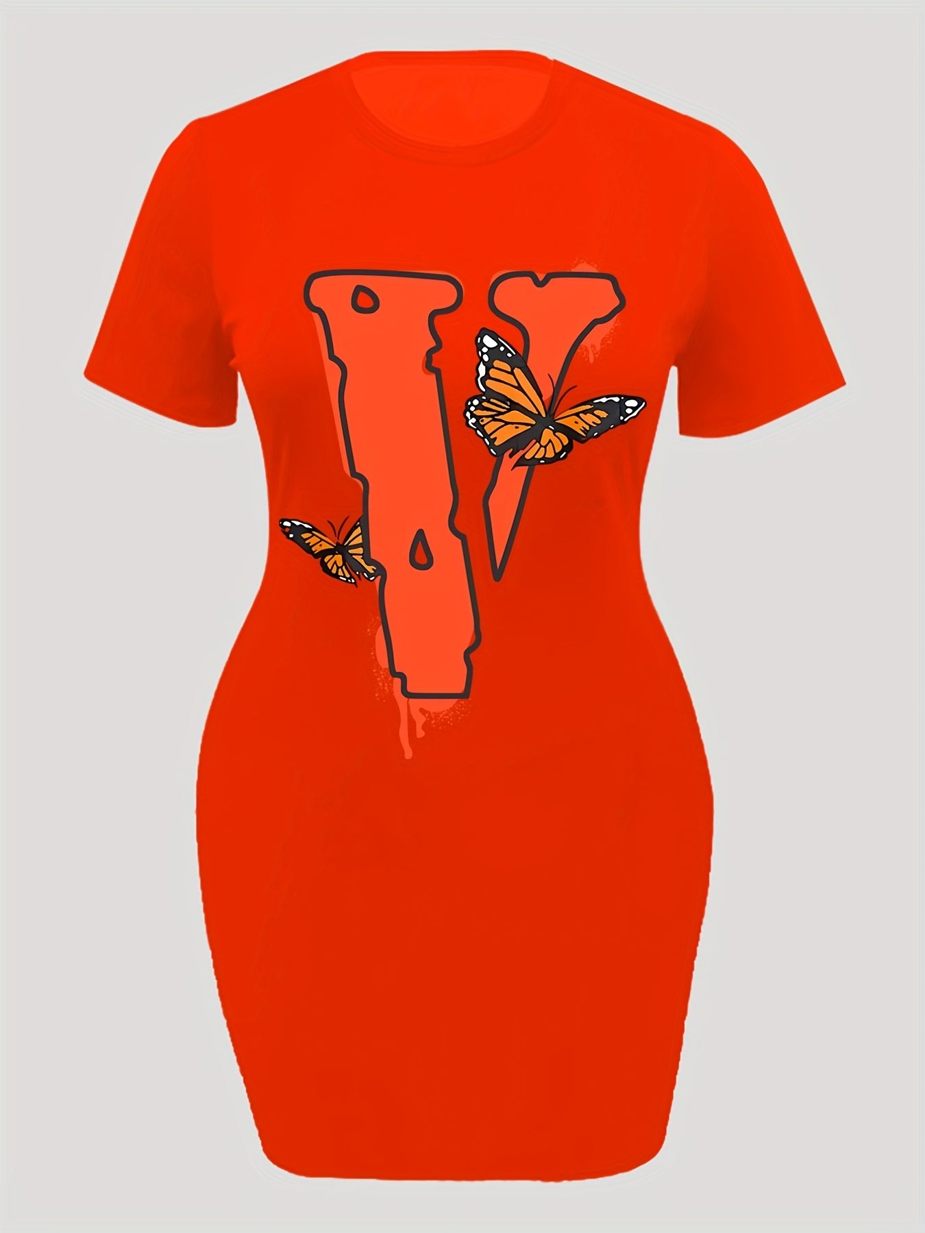 Casual Dress Women's Plus Letter V & Butterfly Print Dress