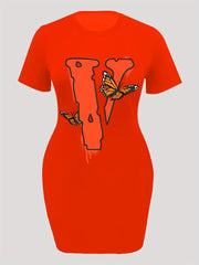 Casual Dress Women's Plus Letter V & Butterfly Print Dress