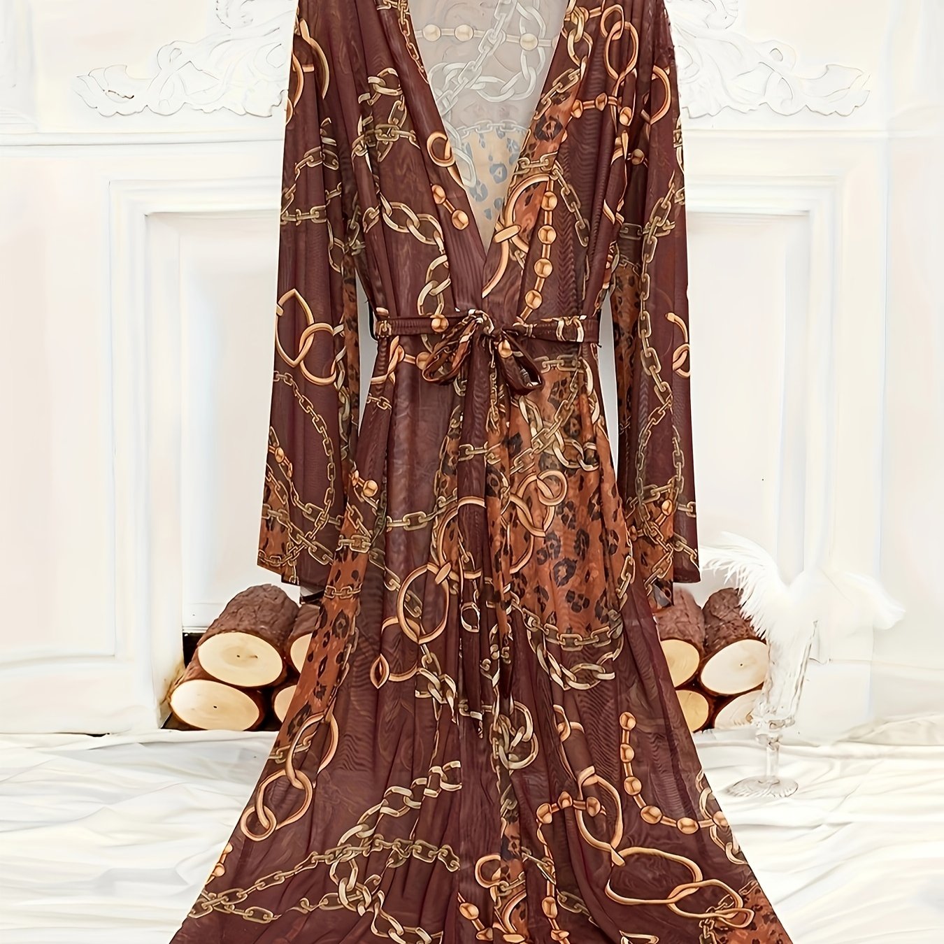 Chain Print Mesh Night Robe Long Sleeve V Neck Robe Women's Sexy Lingerie