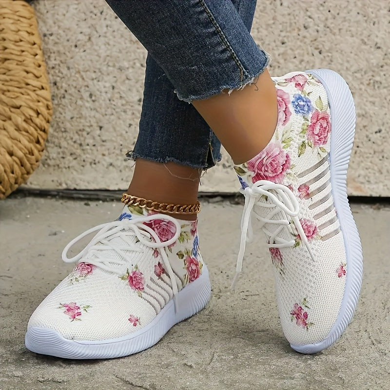 Women's Flower Pattern Sneakers Mesh Lace Up Outdoor Shoes