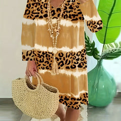Tie Dye Leopard Short Sleeve V Neck Stretch Dress