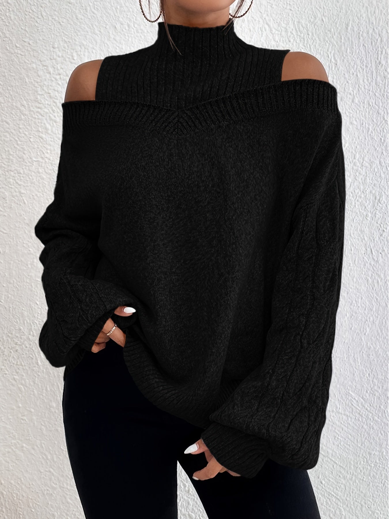 Cold Shoulder 2 In 1 Knit Sweater High Neck Long Sleeve Women's Clothing
