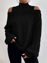 Cold Shoulder 2 In 1 Knit Sweater High Neck Long Sleeve Women's Clothing