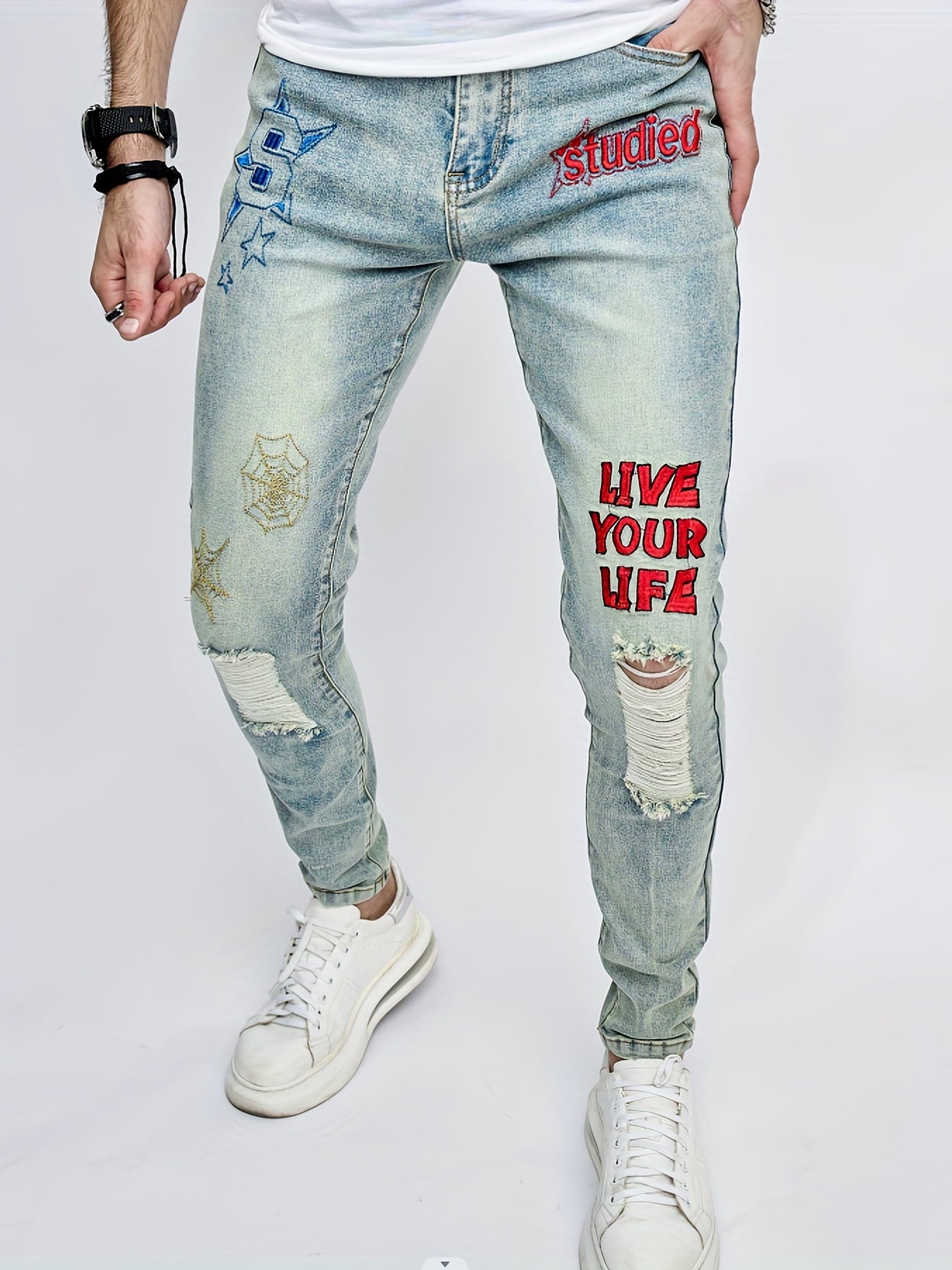 Slim Fit Ripped Jeans Men's Street Style Denim Pants