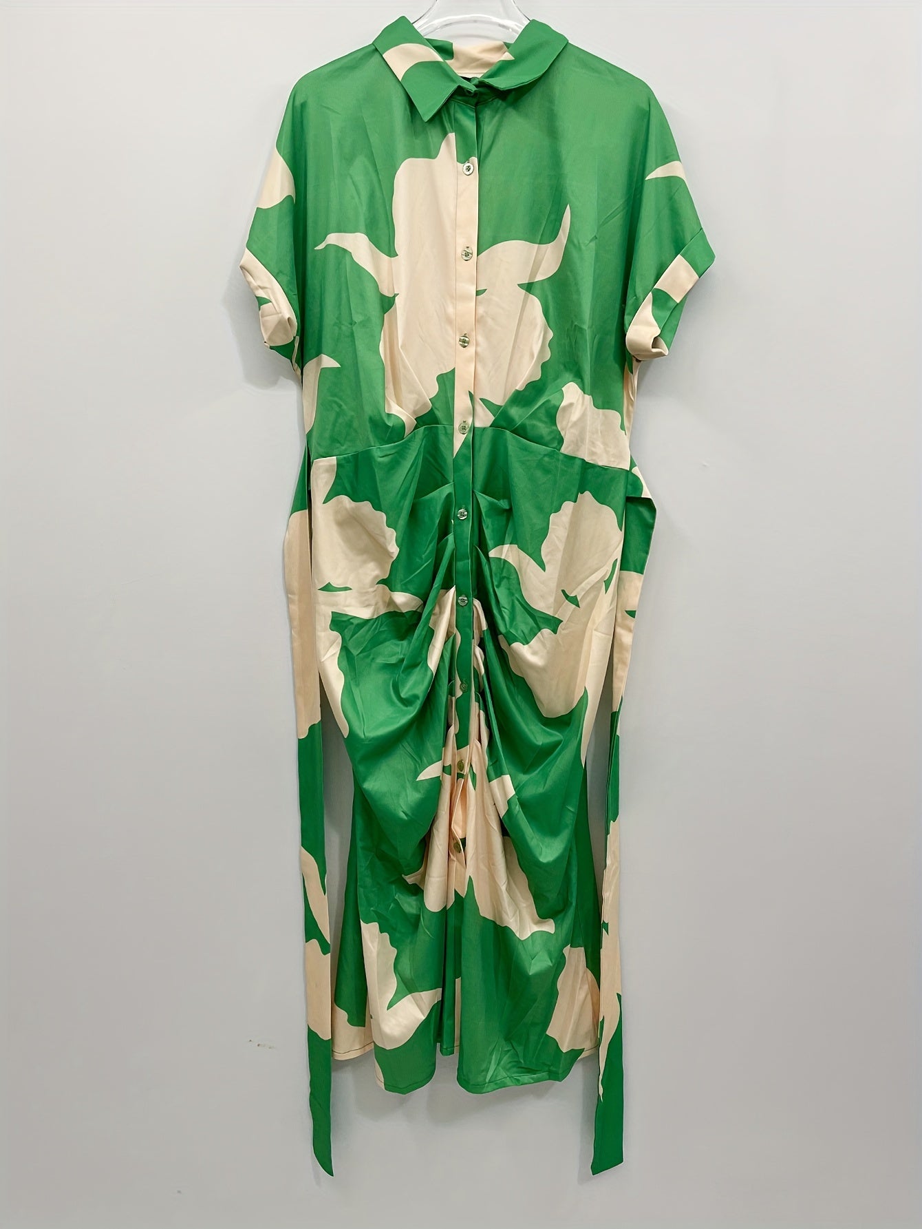 Print Maxi Dress Button Up Lapel Collar Belted Ruched Batwing Sleeve