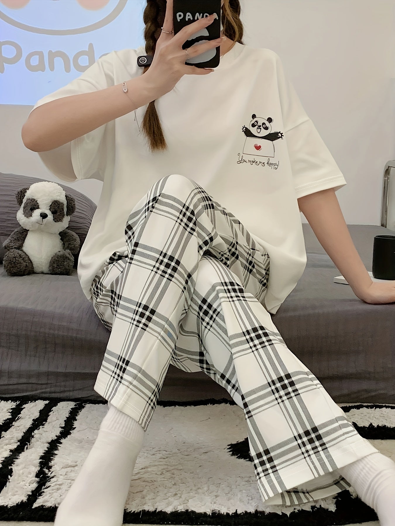 Panda Print Pajama Set Short Sleeve Top & Plaid Pants