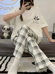 Panda Print Pajama Set Short Sleeve Top & Plaid Pants