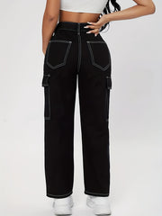 Loose Denim Cargo Pants Solid Zipper Button Closure Jeans