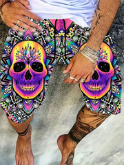 Colorful Skull Pattern Beach Shorts Men's Drawstring Shorts