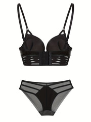 Solid Push Up Bra & Cut Out Panties Lingerie Set