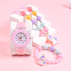 3pcs Girls' Magical Watch and Jewelry Set with Rainbow Beads Glowing Heart Charm
