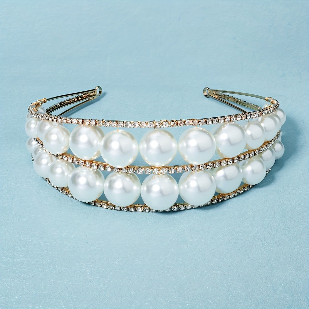 Wide Brim Headband Rhinestone Bride Crown Set 2 Tiers Pearl Hair Band