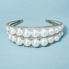 Wide Brim Headband Rhinestone Bride Crown Set 2 Tiers Pearl Hair Band