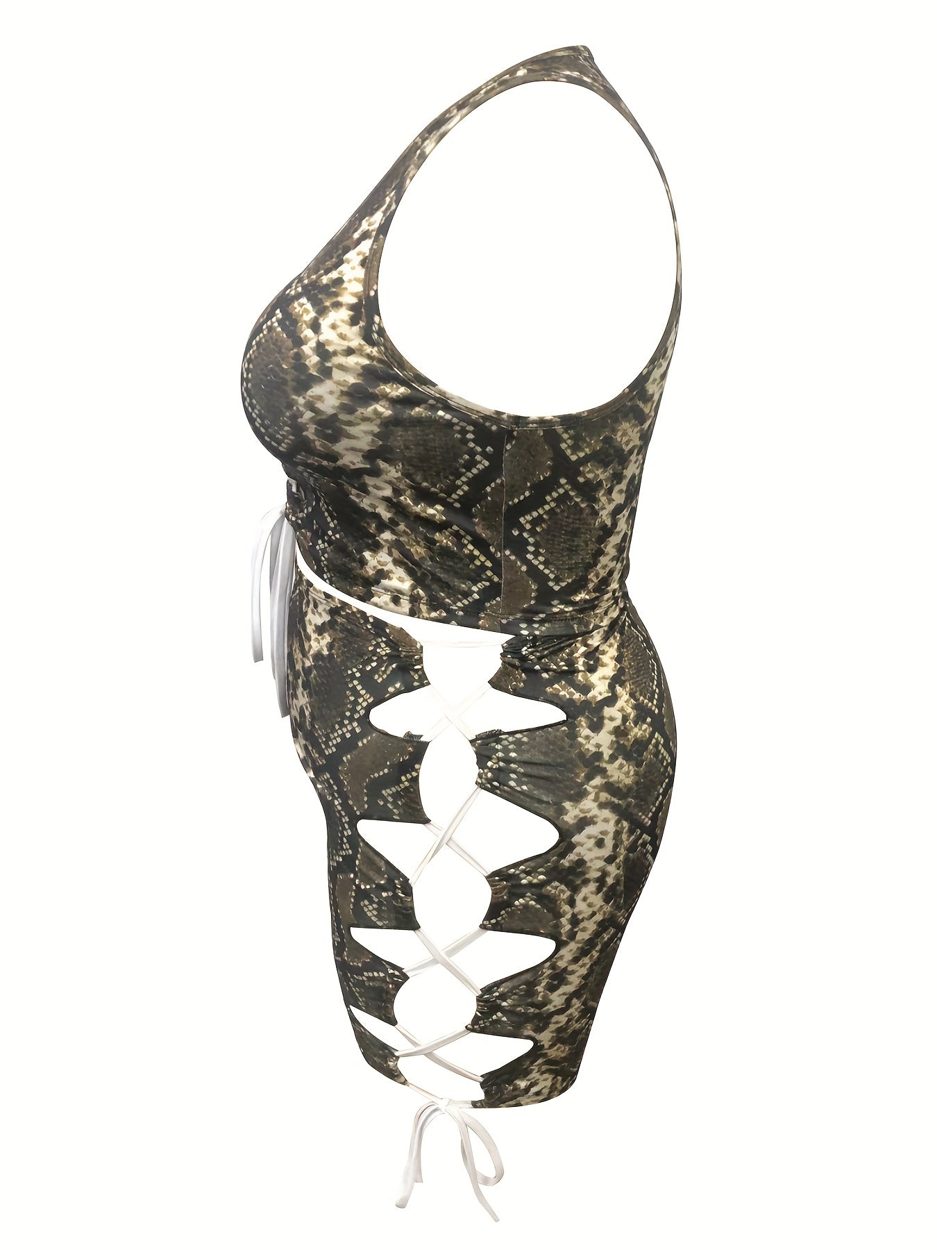 Snake Skin Print Cut Out Drawstring Lace Up Tank Top & Shorts Set