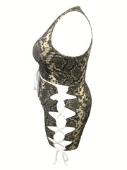 Snake Skin Print Cut Out Drawstring Lace Up Tank Top & Shorts Set