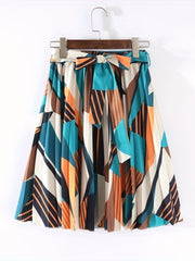 Geometric Print Tied Front Skirt Boho Pleated Skirt