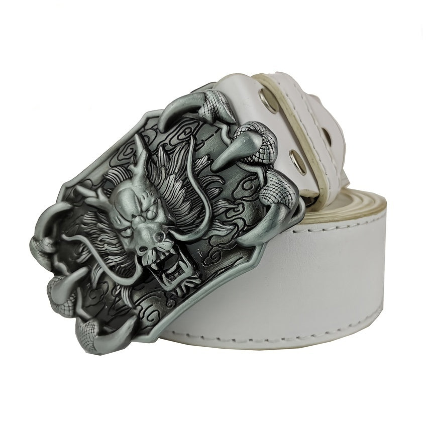 Silver Men's Dragon Belt Buckle with Leather Belt