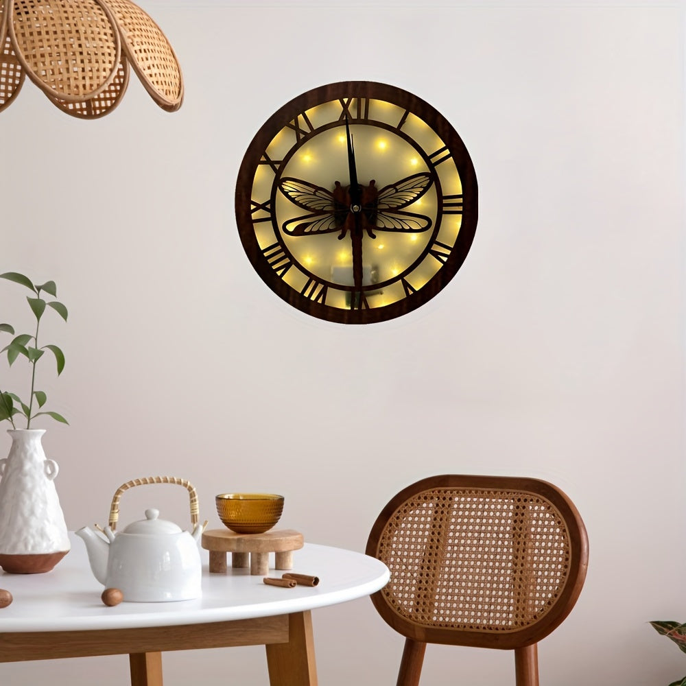 Dragonfly Wooden Clock with LED Light Control