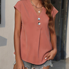 V Neck Cap Sleeve Top Button Front Solid