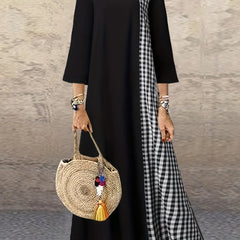 Colorblock Plaid Print Three Quarter Sleeve Round Neck Maxi Dress