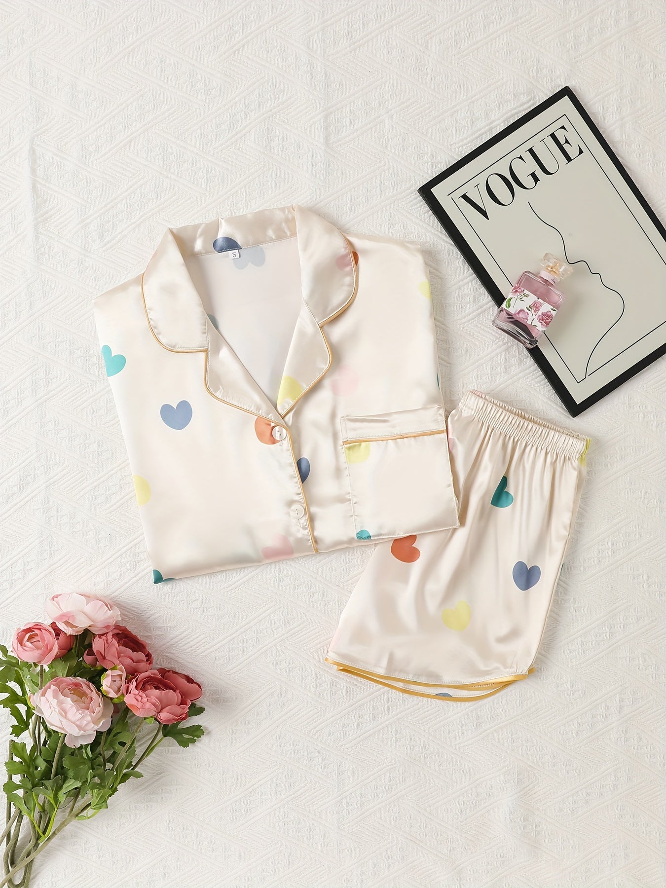 Heart Print Pajama Set Short Sleeve Top & Shorts Women