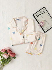 Heart Print Pajama Set Short Sleeve Top & Shorts Women