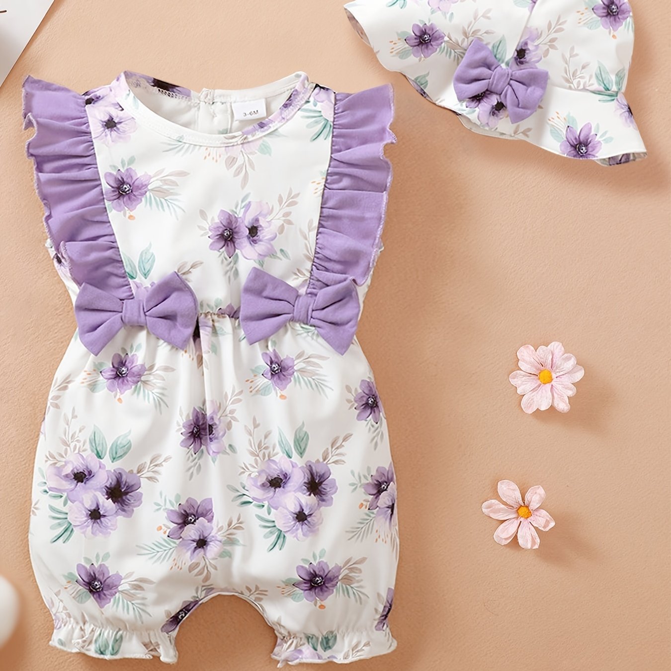 2pcs Baby Girls Floral Print Romper & Hat Set