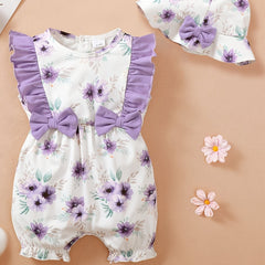 2pcs Baby Girls Floral Print Romper & Hat Set