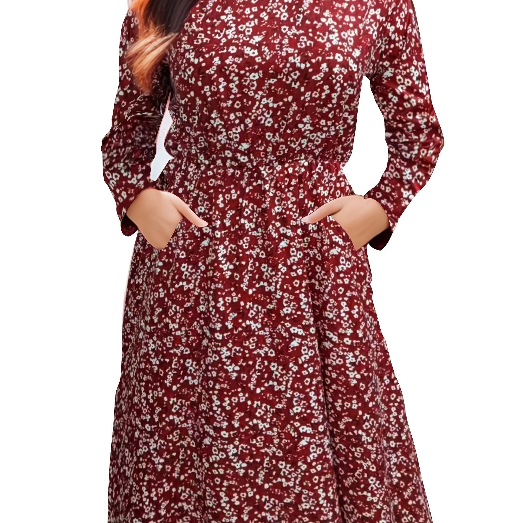 Boho Floral Print Long Sleeve Dress With Pockets