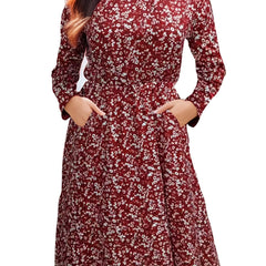 Boho Floral Print Long Sleeve Dress With Pockets