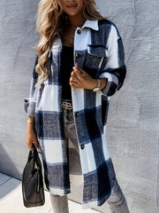 Plaid Print Long Length Jacket Button Front Outwear