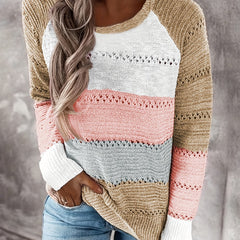 Block Crochet Knit Sweater Casual Crew Neck Long Sleeve Sweater