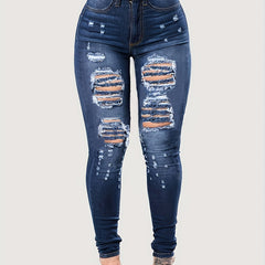 Navy Ripped Holes Skinny Leg Jeans Distressed Skinny Denim Pants