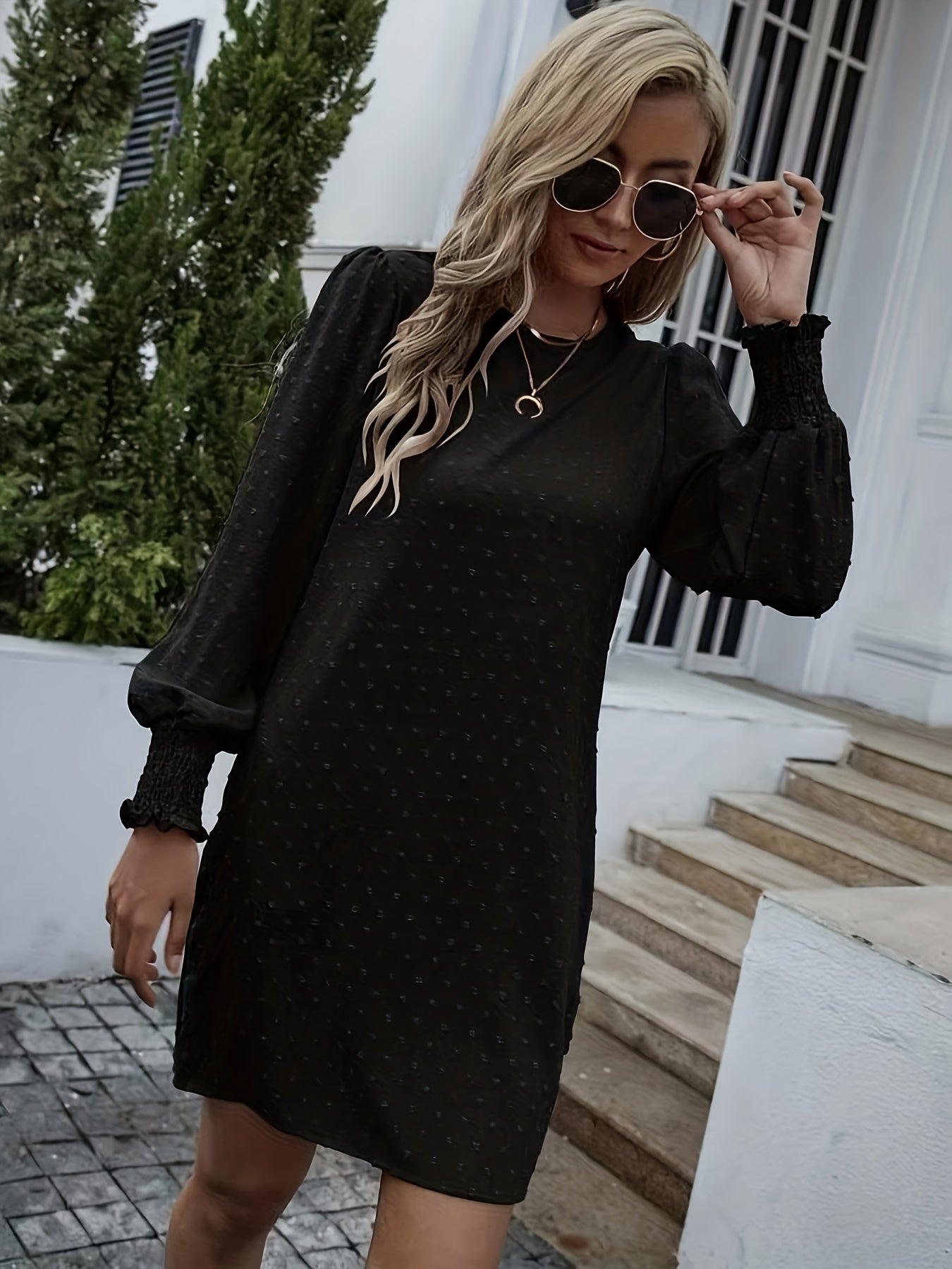 Keyhole Long Sleeve Crew Neck Dress Women's Clothing