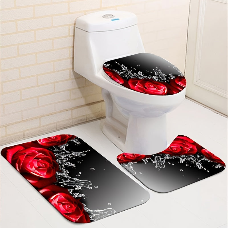 Red Rose Shower Curtain Set with Bathroom Decor