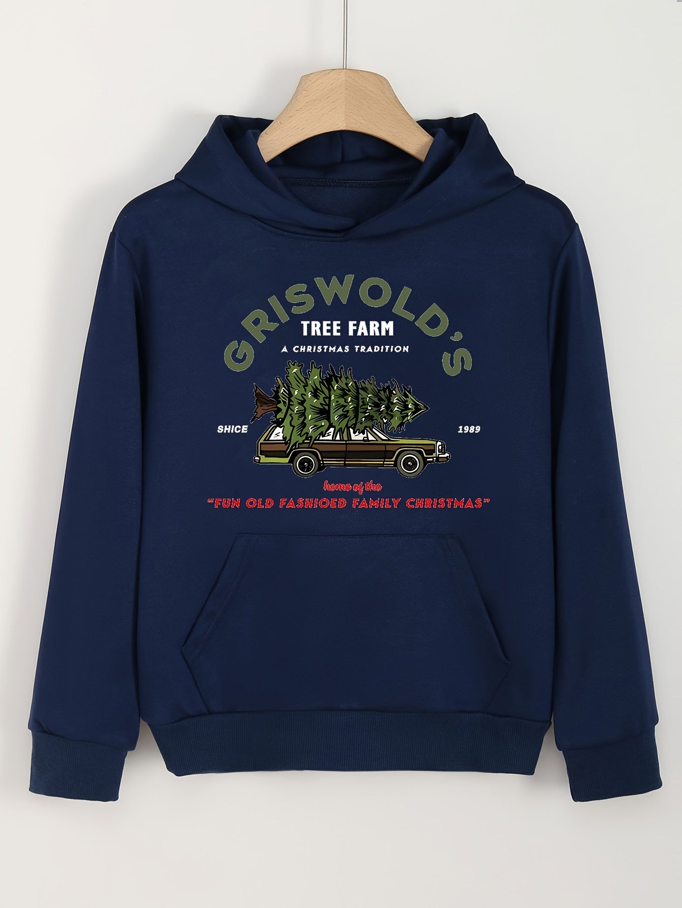 Girls Cartoon Christmas Tree On Car Pattern Long Sleeve Hooded Sweatshirt
