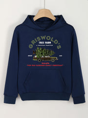 Girls Cartoon Christmas Tree On Car Pattern Long Sleeve Hooded Sweatshirt