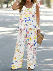 Leaf Print Tank Top & Pants Outfit Set