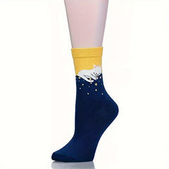 5 Pairs Cartoon Cat Crew Socks - Comfy Casual Breathable Cute Design