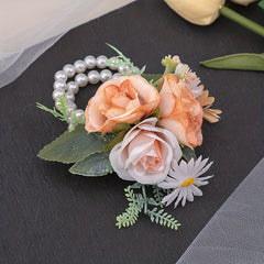 Rose Wristband Flower Ribbon Faux Pearl Bracelet Wedding Bridesmaid