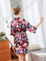 Floral Print Night Robe V Neck Half Sleeve House Robe Women's Sleepwear
