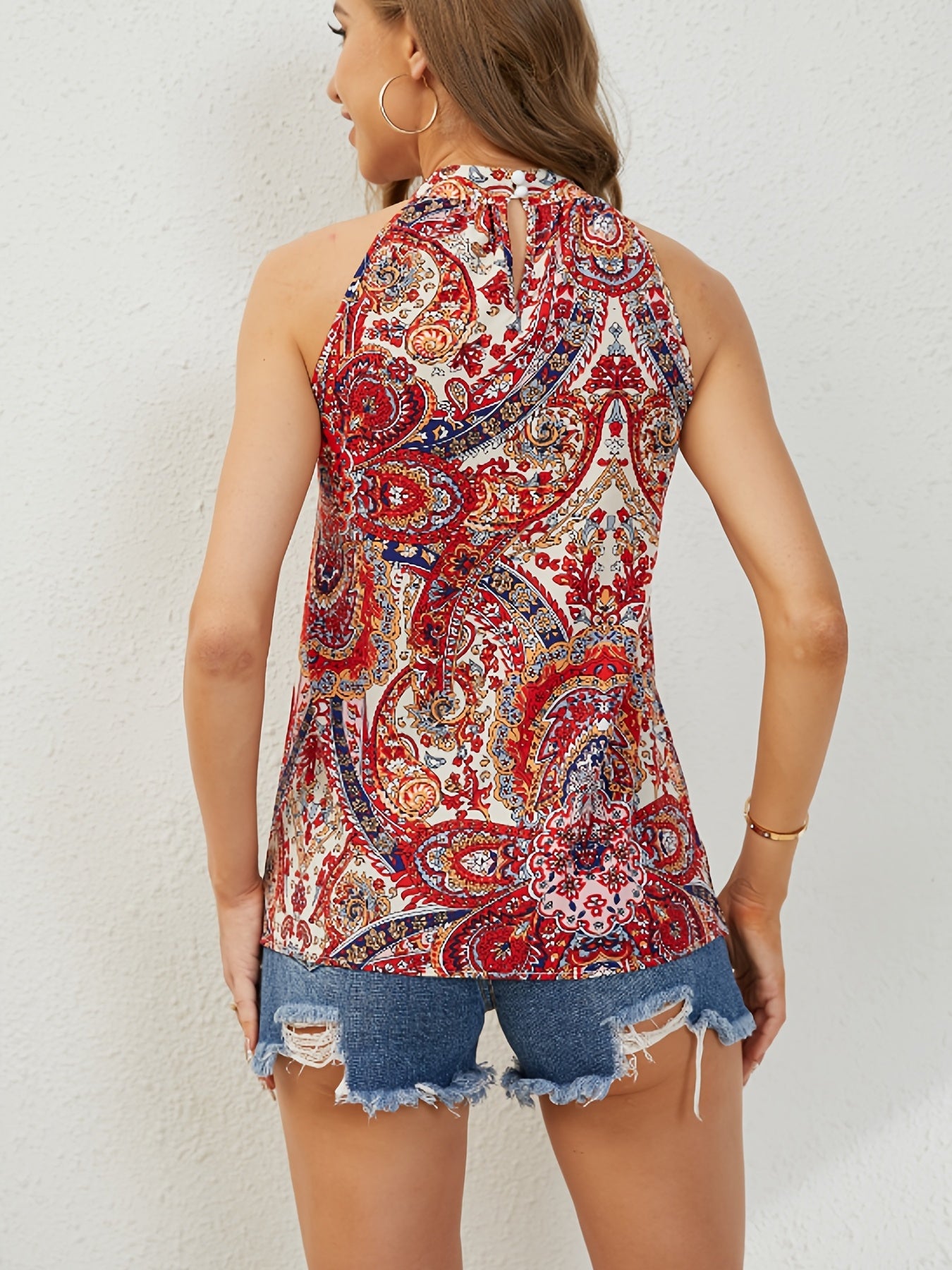 Paisley Print Sleeveless Top Halter Neck Casual Summer & Spring