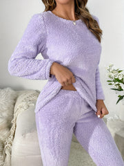 2pcs Plush Loungewear Set Long Sleeve Top & Solid Pants Women's Loungewear