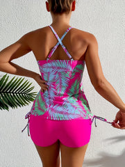 Plus Size Modest Tankini Set Women's Plus Leaf Print Cami Top & Shorts Swimsuit