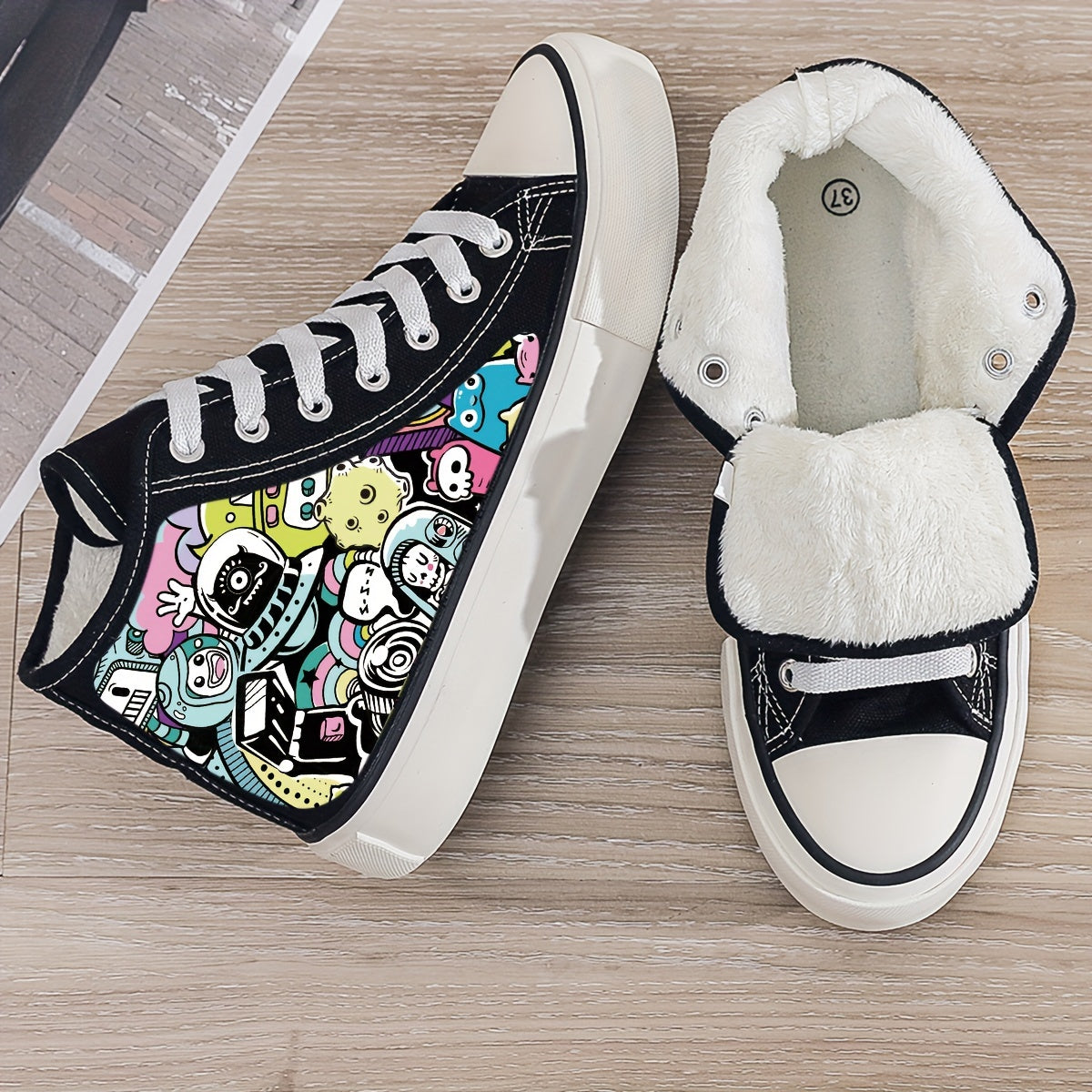 Cartoon Print Plush Lined Sneakers Fall Winter Warm