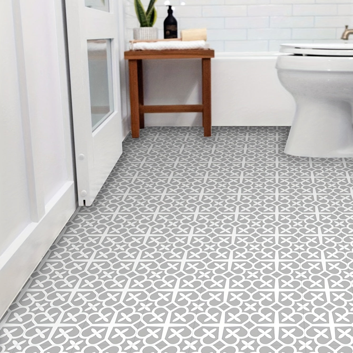 Peel Stick Floor Tile Moroccan Gray Mosaic Look Waterproof PVC Tile Sticker