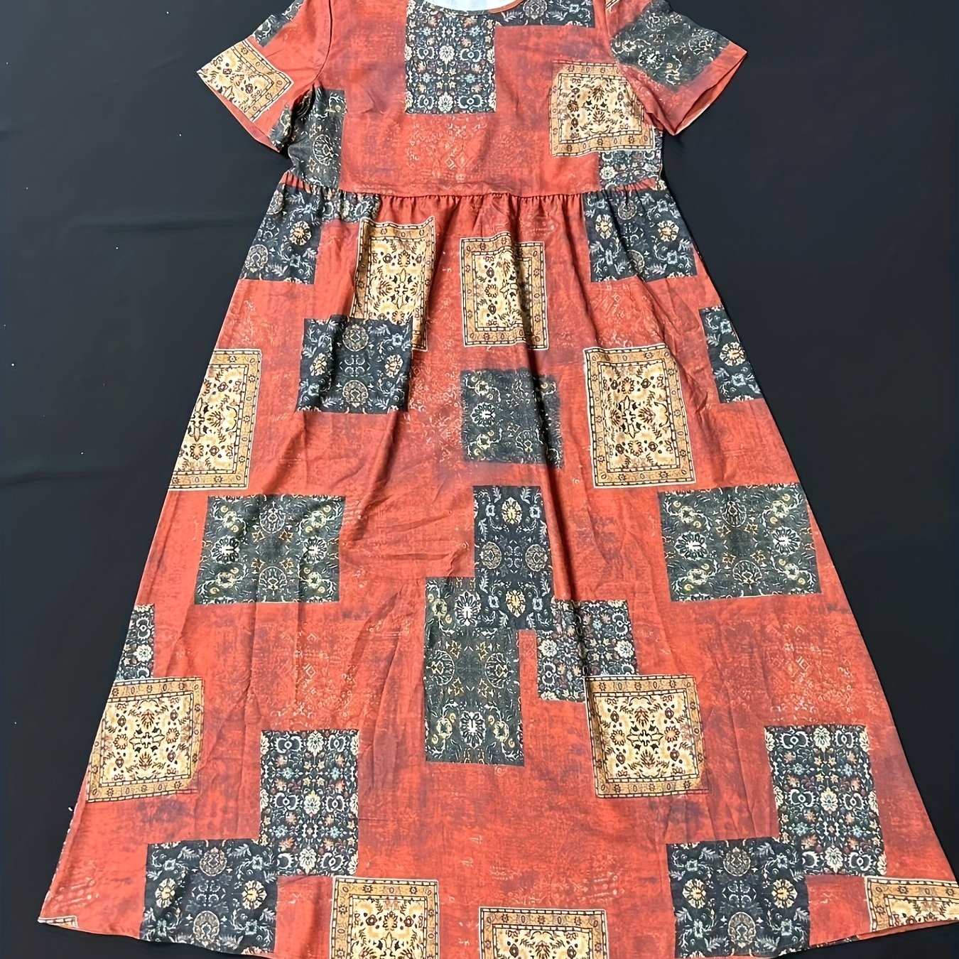 Ethnic Patchwork Print Dress Boho Crew Neck Short Sleeve Maxi Dress
